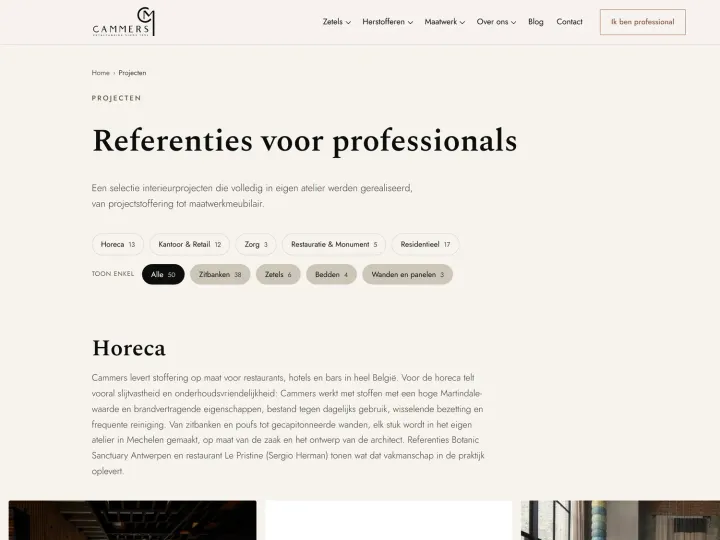 Het referentieoverzicht op de site, met filters op sector en op producttype