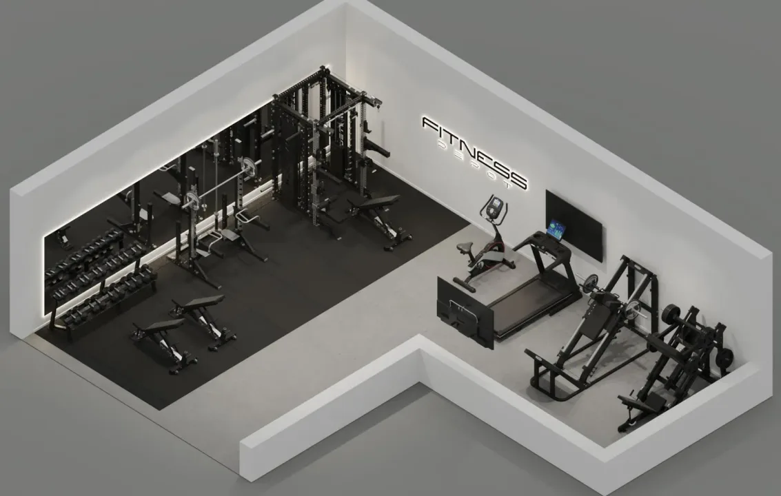 3D-ontwerp van een fitnessruimte in de huisstijl van Fitnessdepot