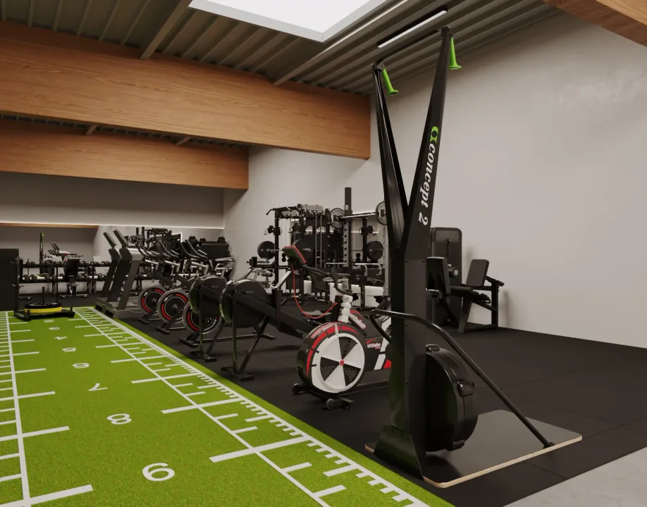 3D-ontwerp van een gym met sprinttrack en Concept2-toestellen