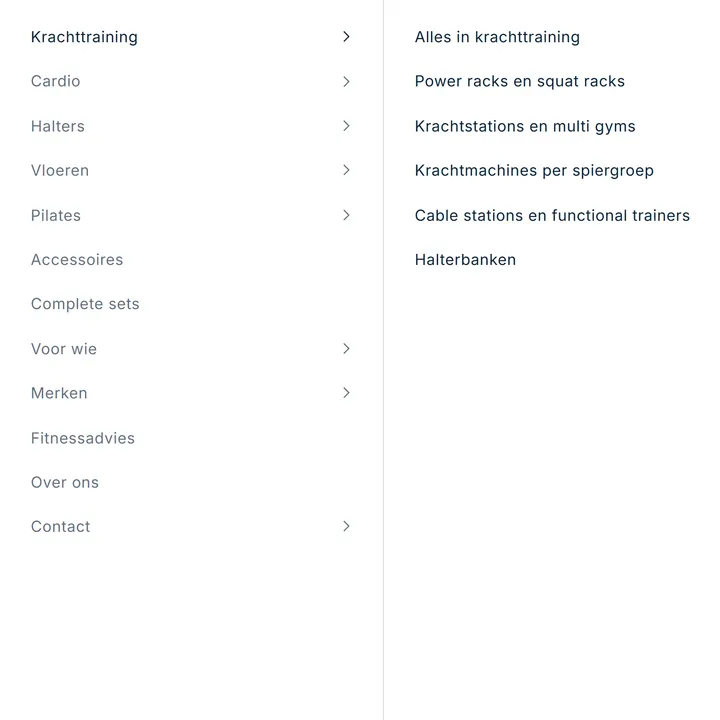 Het menu met de categorieën onder Krachttraining