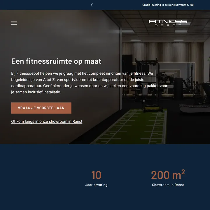 De pagina voor een fitnessruimte op maat, met de cijfers over de showroom
