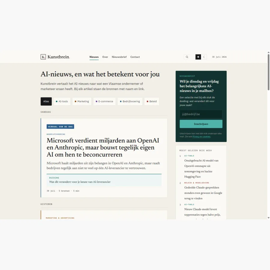 De nieuwsfeed van Kunstbrein met rubrieksfilter en het verhaal van de dag