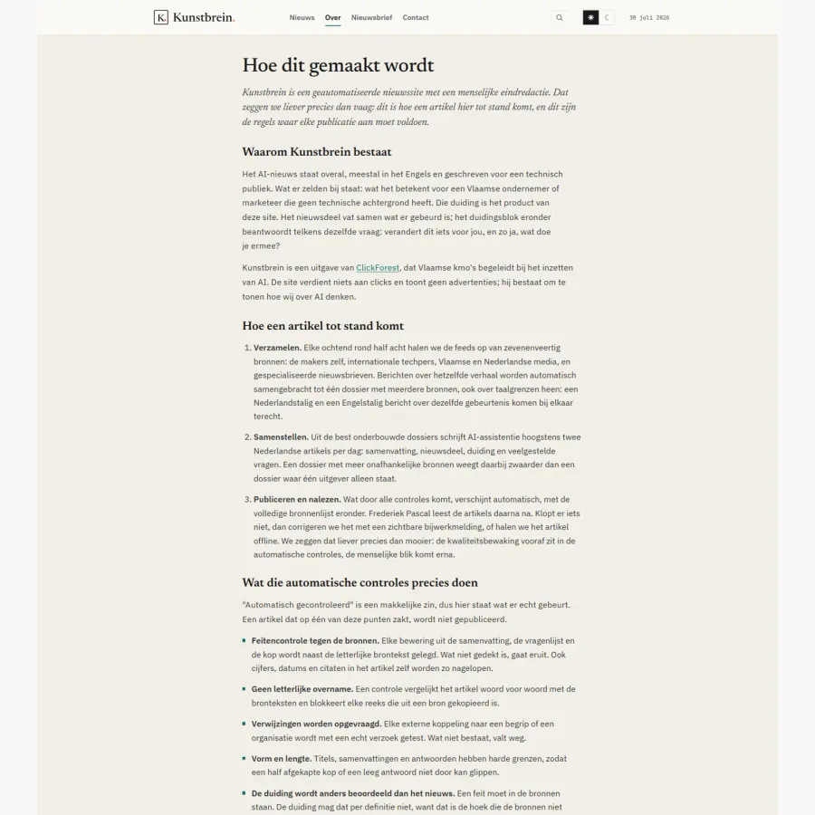 Het redactiestatuut van Kunstbrein waar publishingPrinciples in de schema.org-graaf naar verwijst