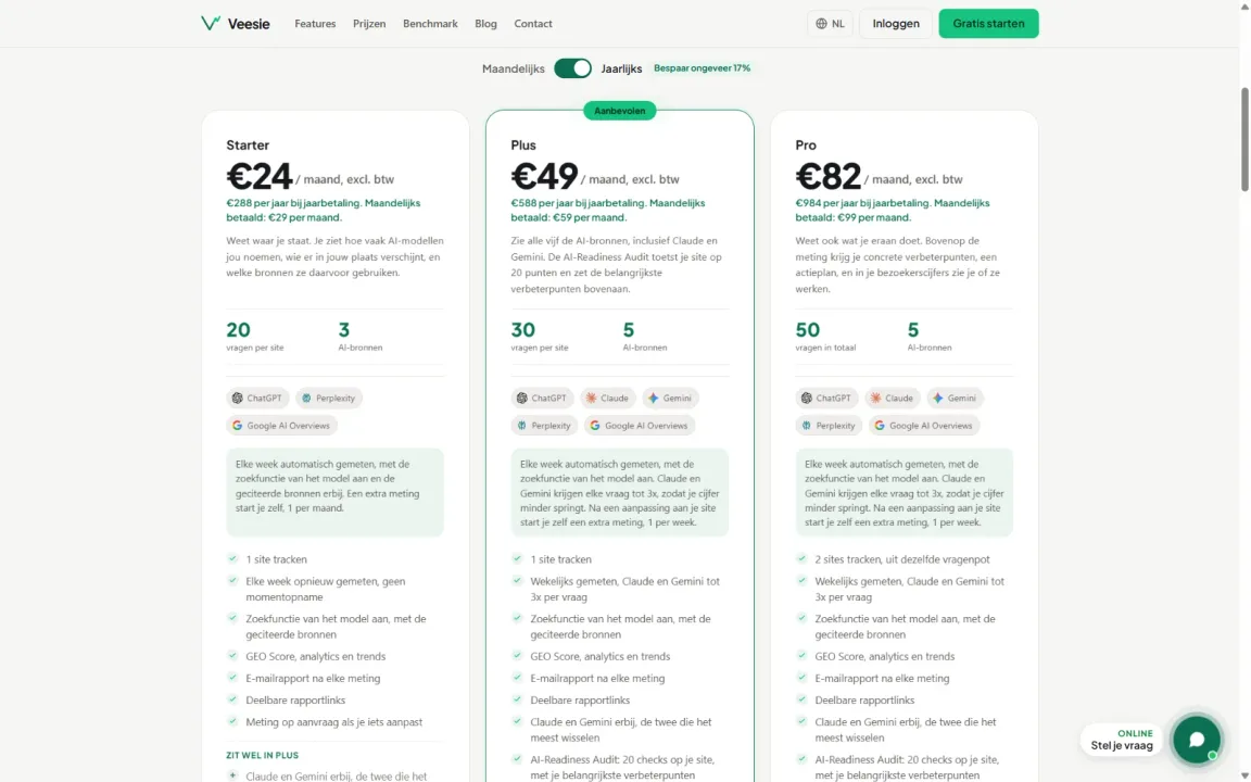 The Veesie plans with monthly and yearly price and the AI sources per plan