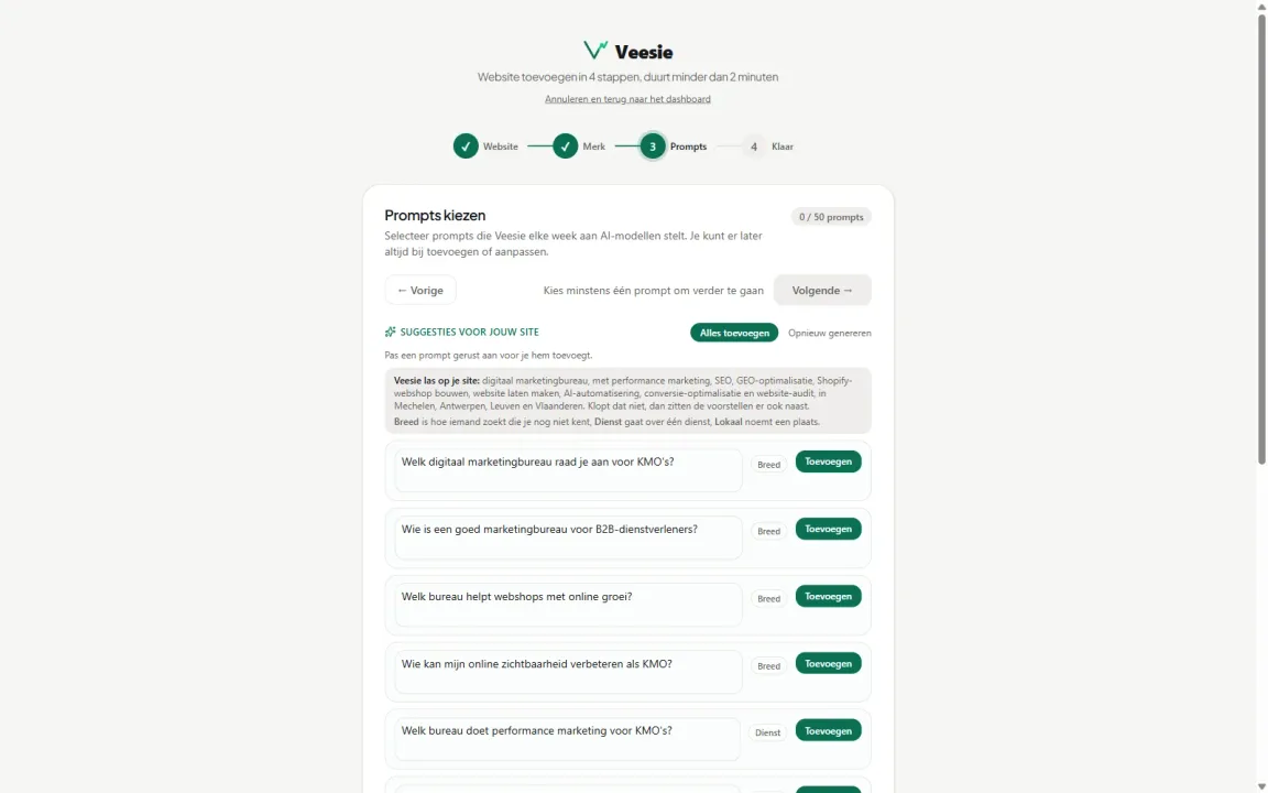 Veesie reads the site and suggests questions of three kinds: broad, per service and local