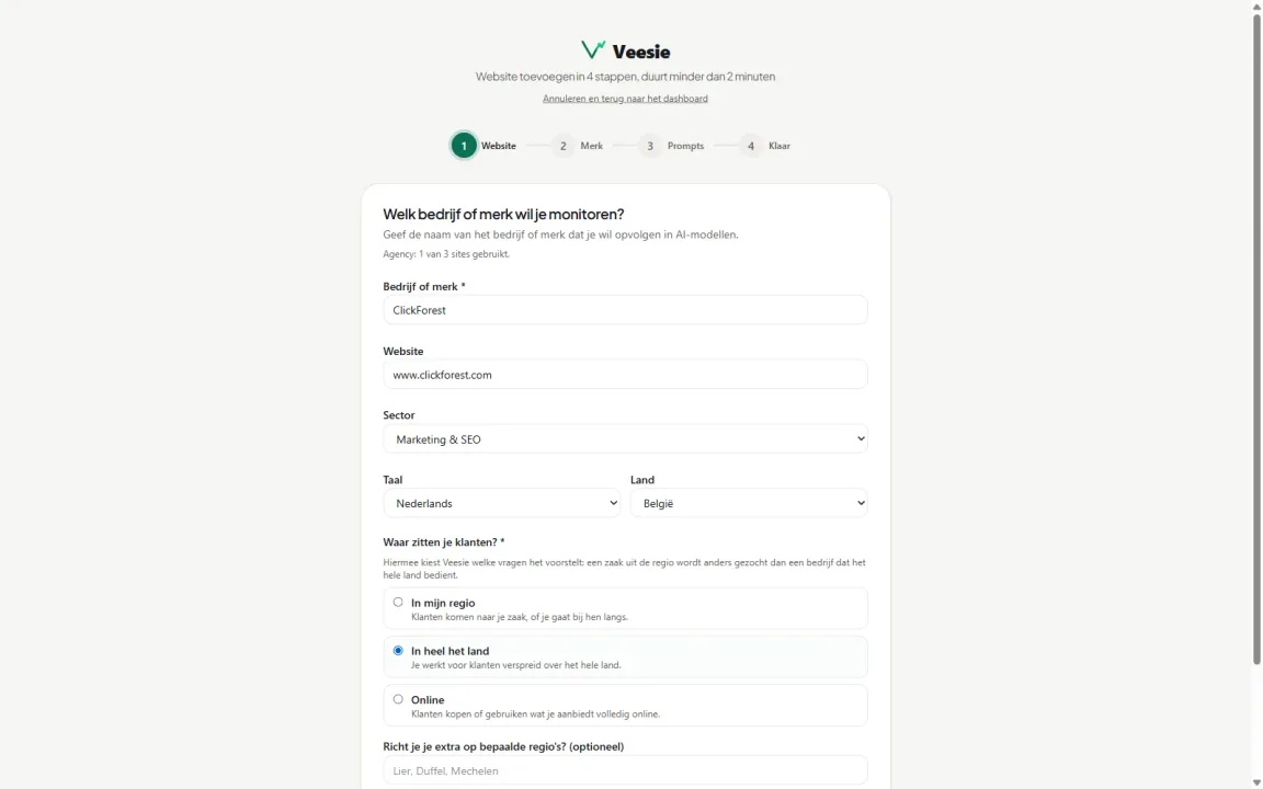 Step 1 of adding a website in Veesie: brand, website, sector, language, country and where the customers are