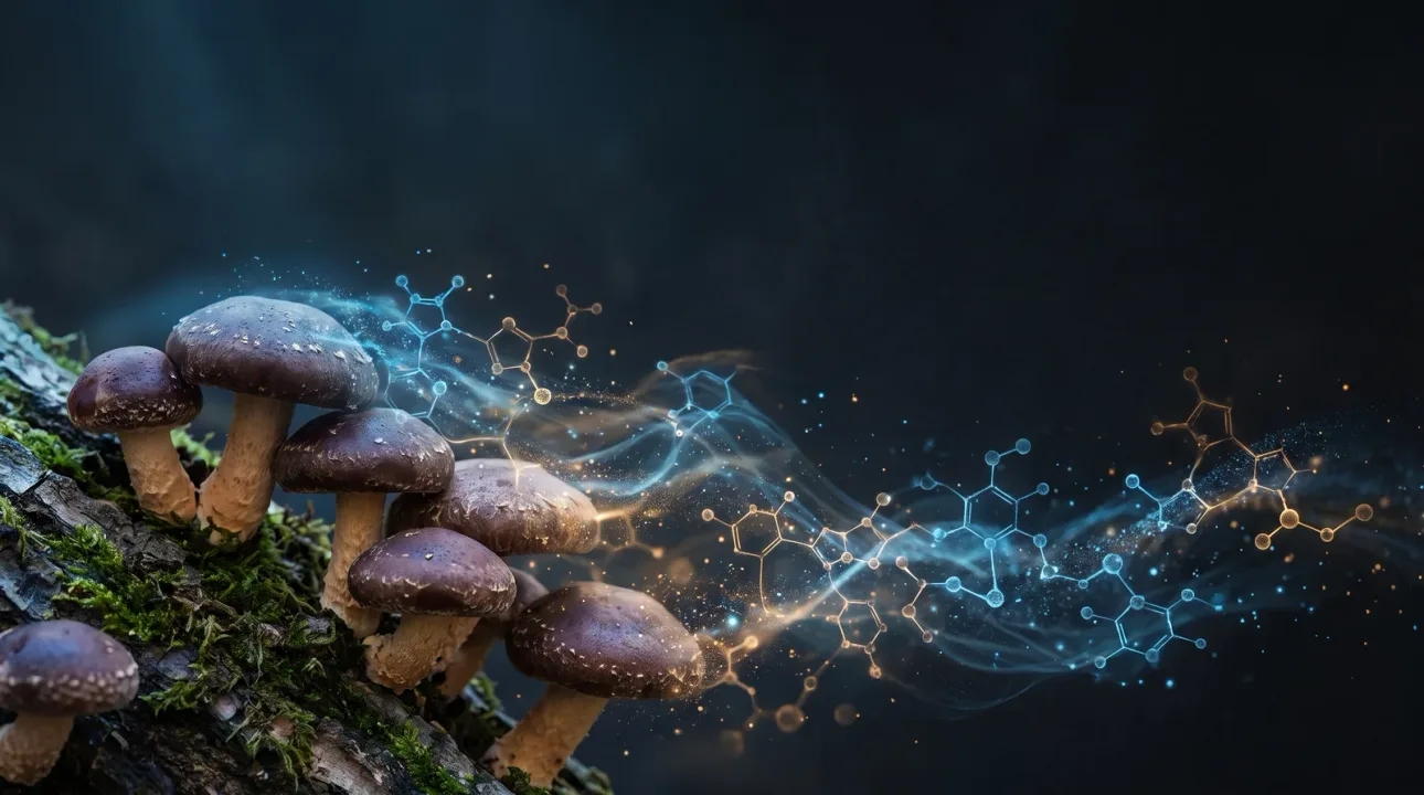 AI-render van shiitake met moleculaire structuren voor AHCC