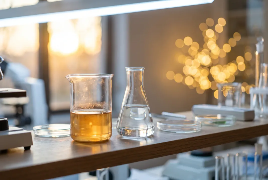 AI-render van laboratoriumglaswerk in warm goudlicht